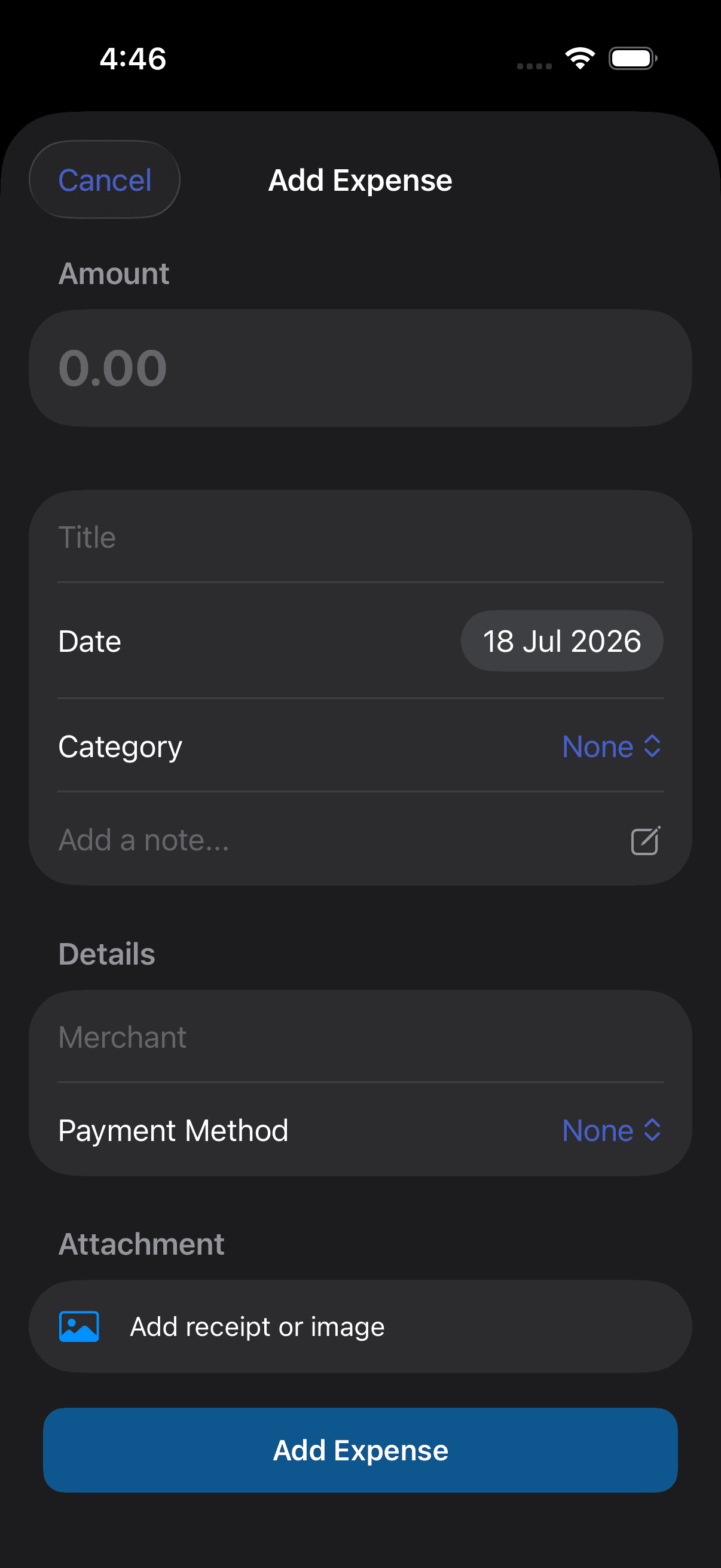 The Pursly iOS quick-add screen for logging a new expense.