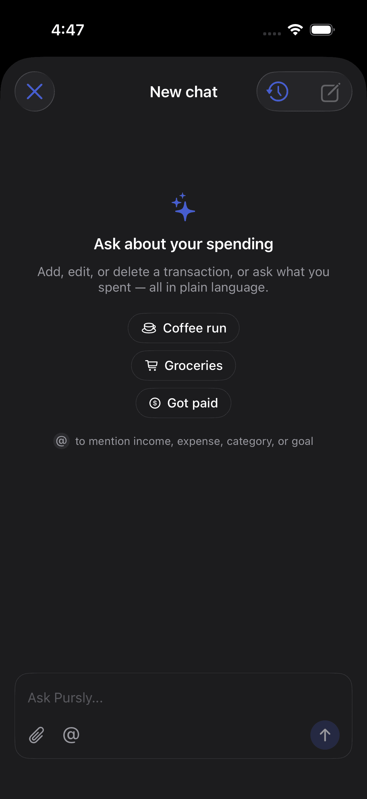 The Pursly iOS AI chat screen, with suggested prompts for a coffee run, groceries, and getting paid above an 'Ask Pursly' input.