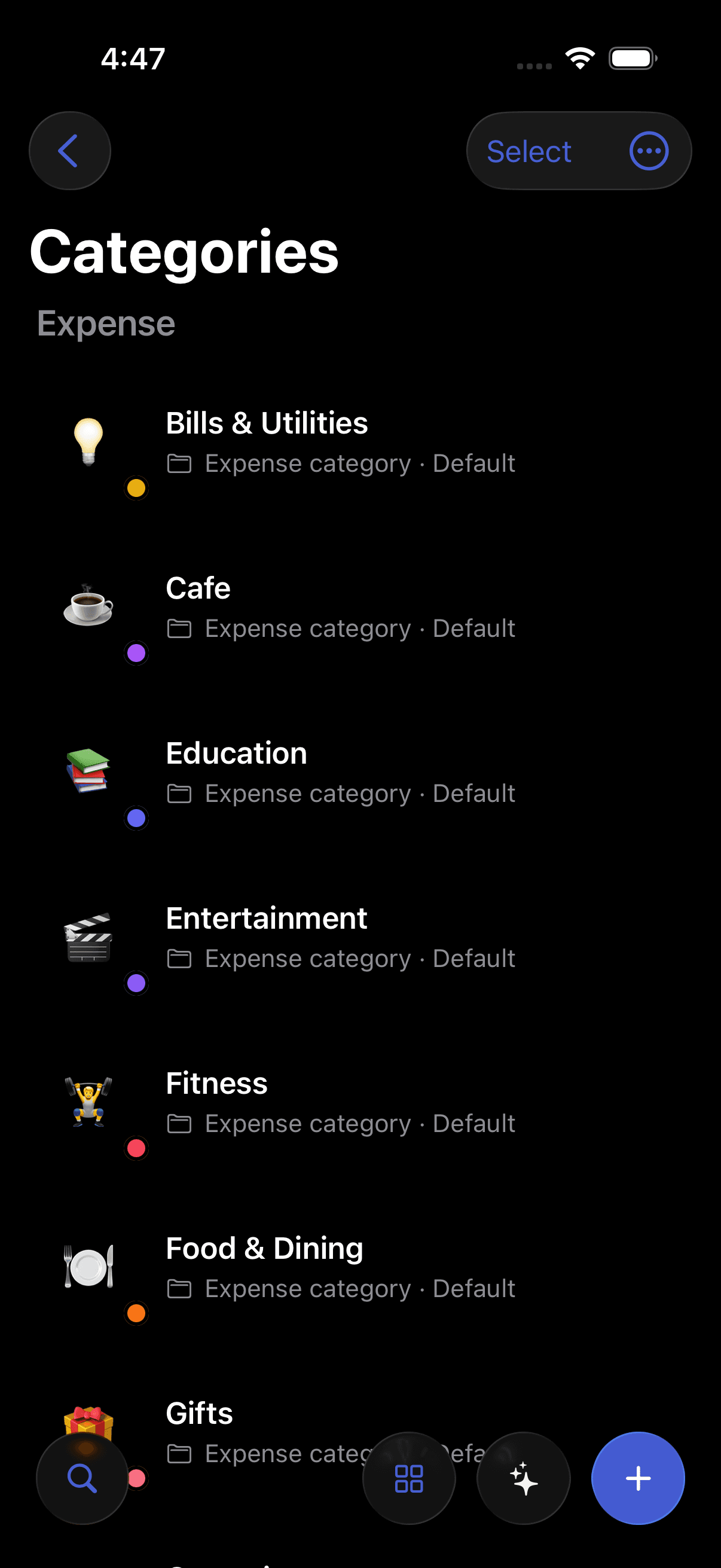 The Pursly iOS categories screen showing a list of categories.