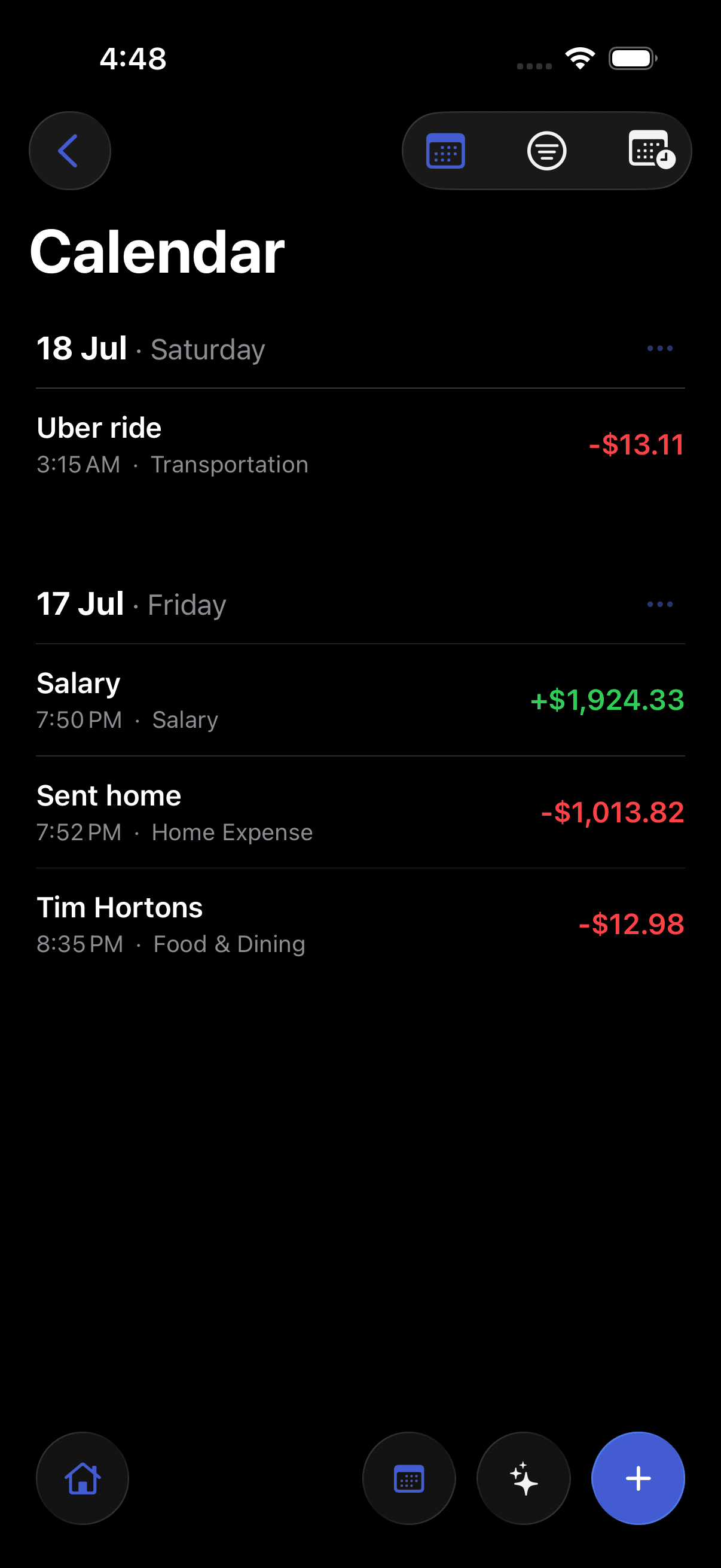 The Pursly iOS filter screen with an income and expense toggle above a summary of income, expense, and net totals for the selected range.