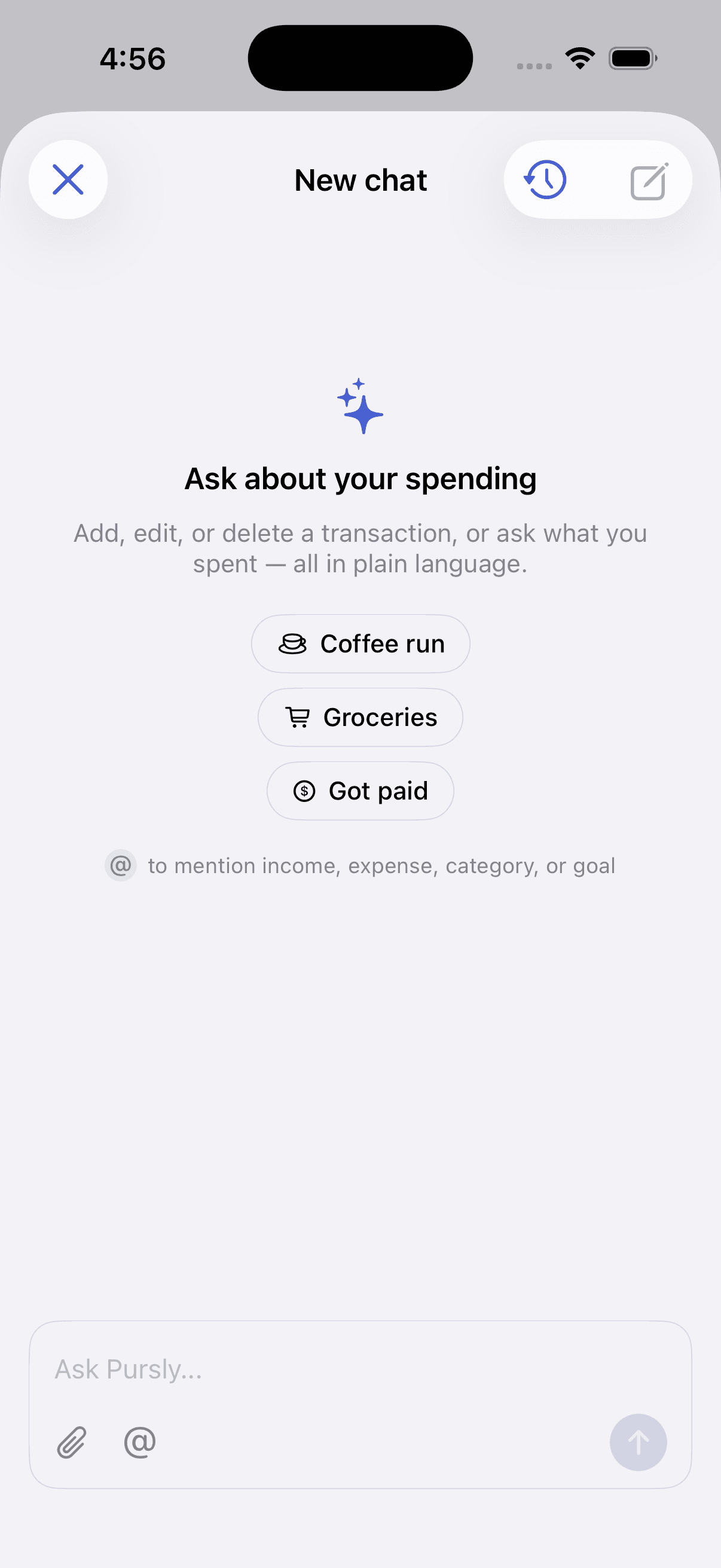 The Pursly iOS AI chat screen, with suggested prompts for a coffee run, groceries, and getting paid above an 'Ask Pursly' input.