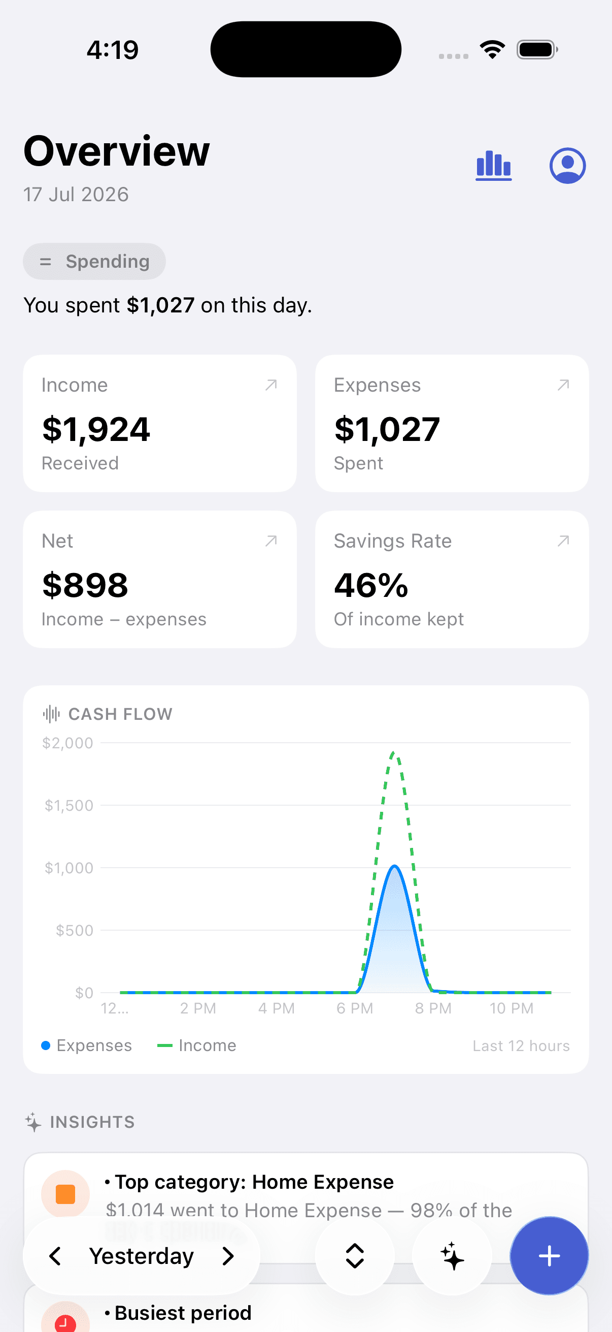 The Pursly iOS home screen showing a running list of recent expenses with running income, expense, and net totals.